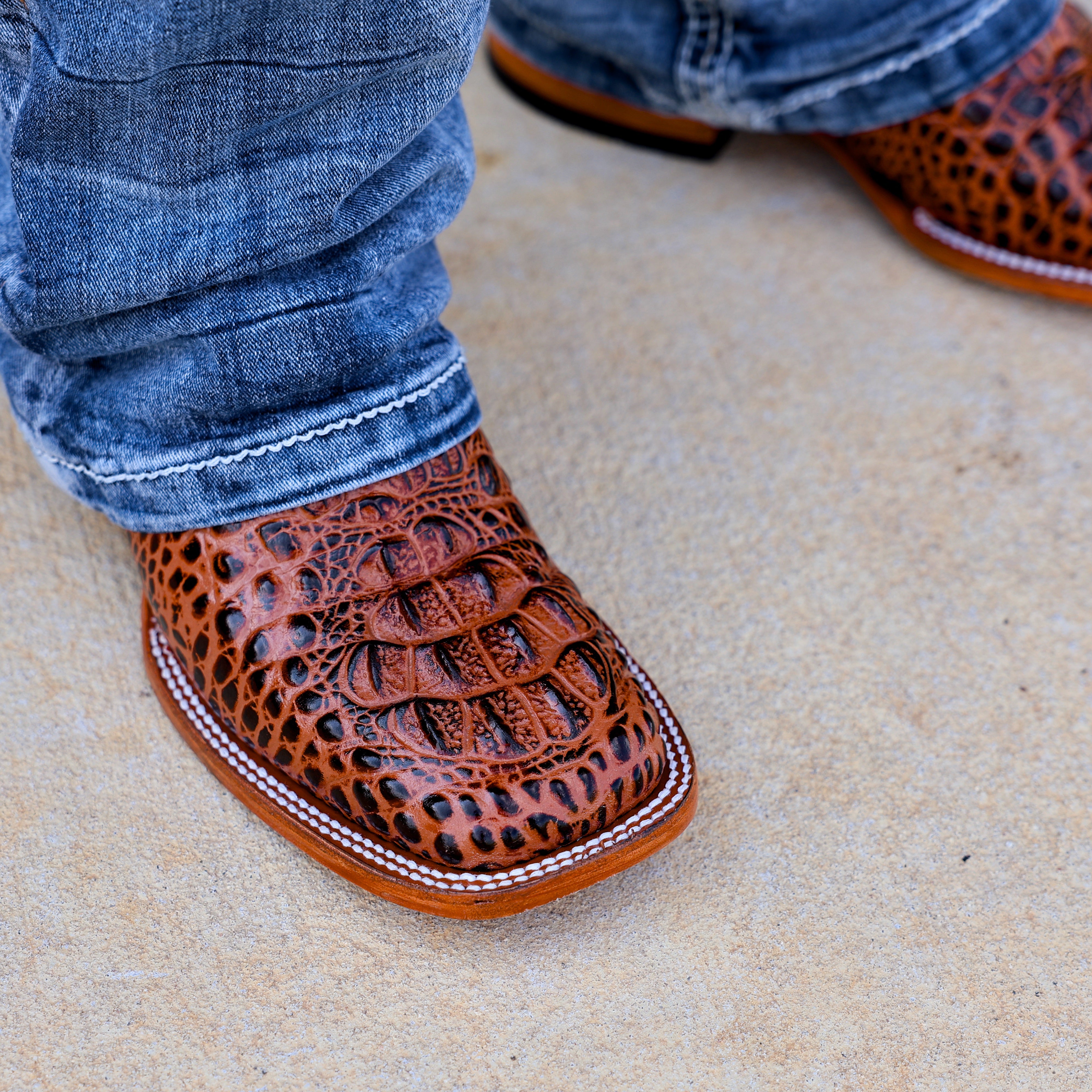 Cognac Caiman Neck Leather Boots - Square Toe