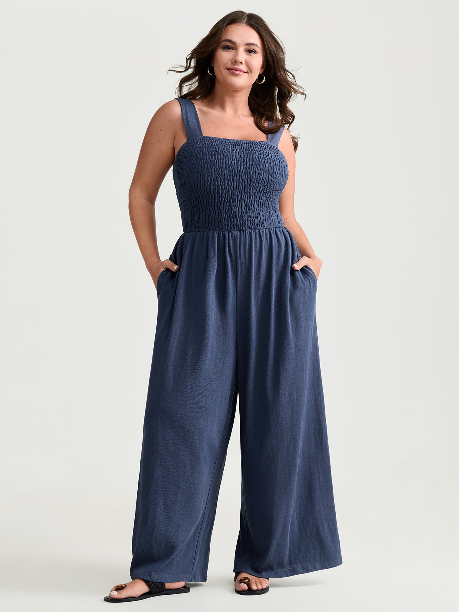 Shirred A-Line Wide Strap Jumpsuit