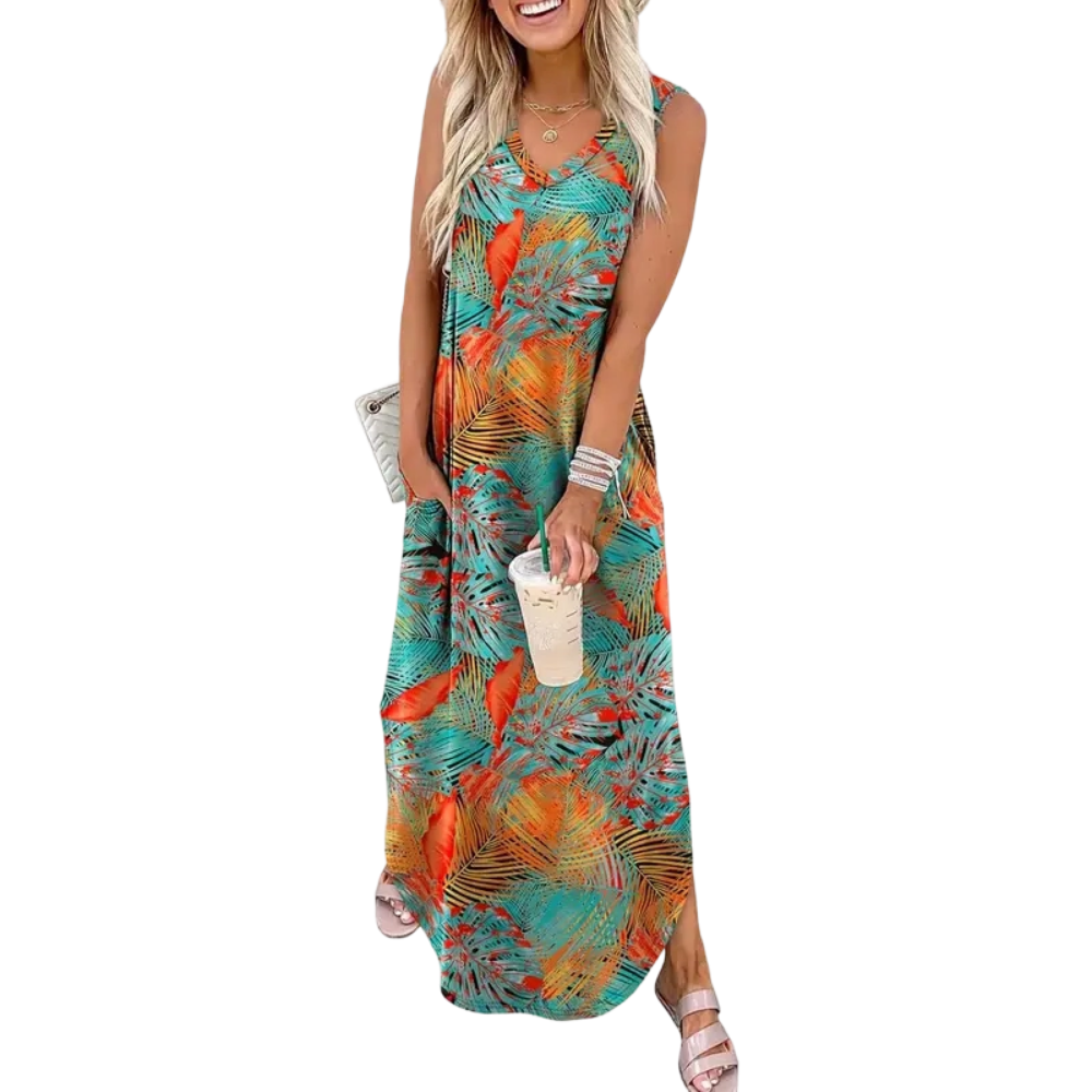 Casual Floral Dresses Maxi Dress Vacation Beach Sundresses  with Pockets