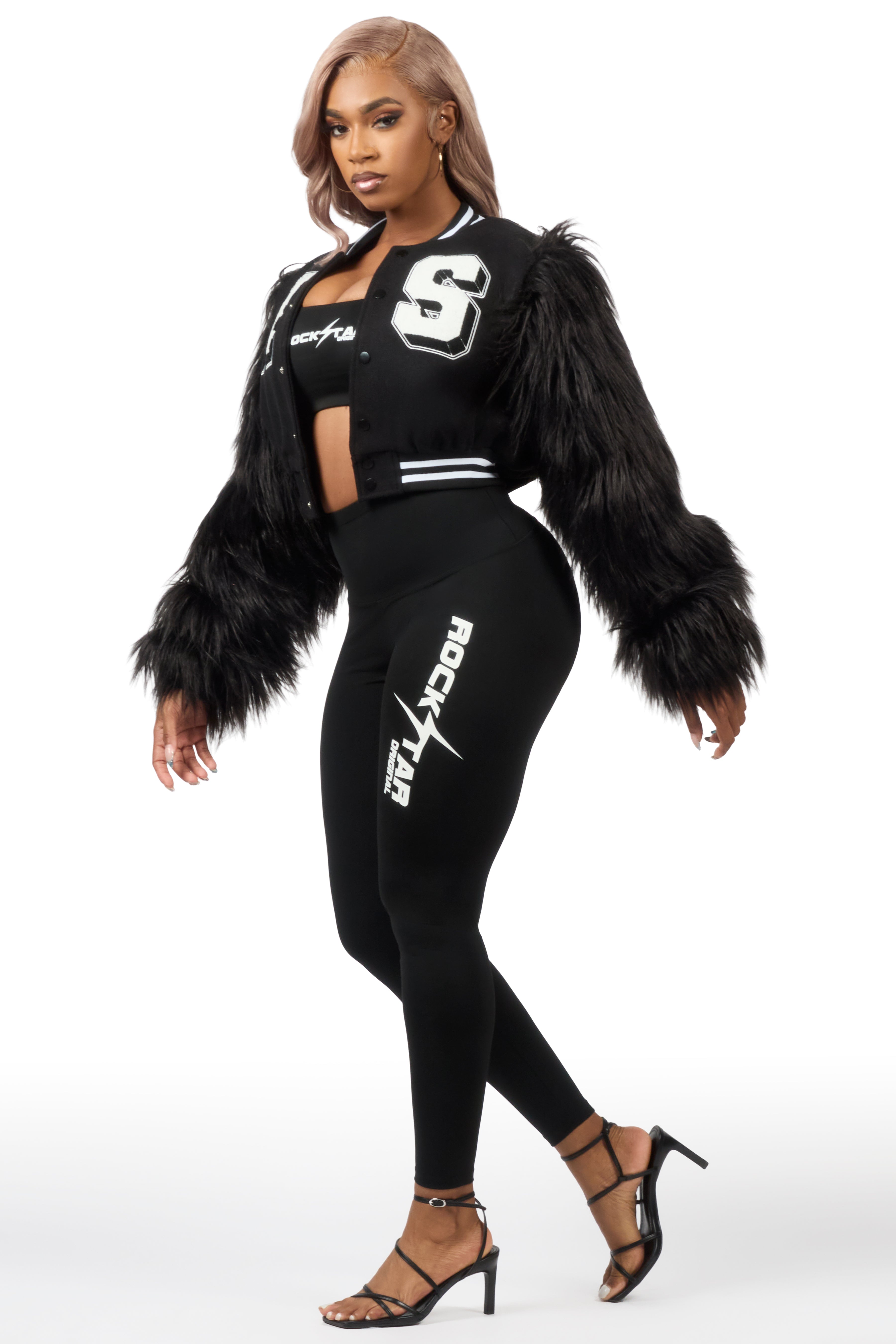 Jameicia Black Fur Sleeve Varsity Jacket