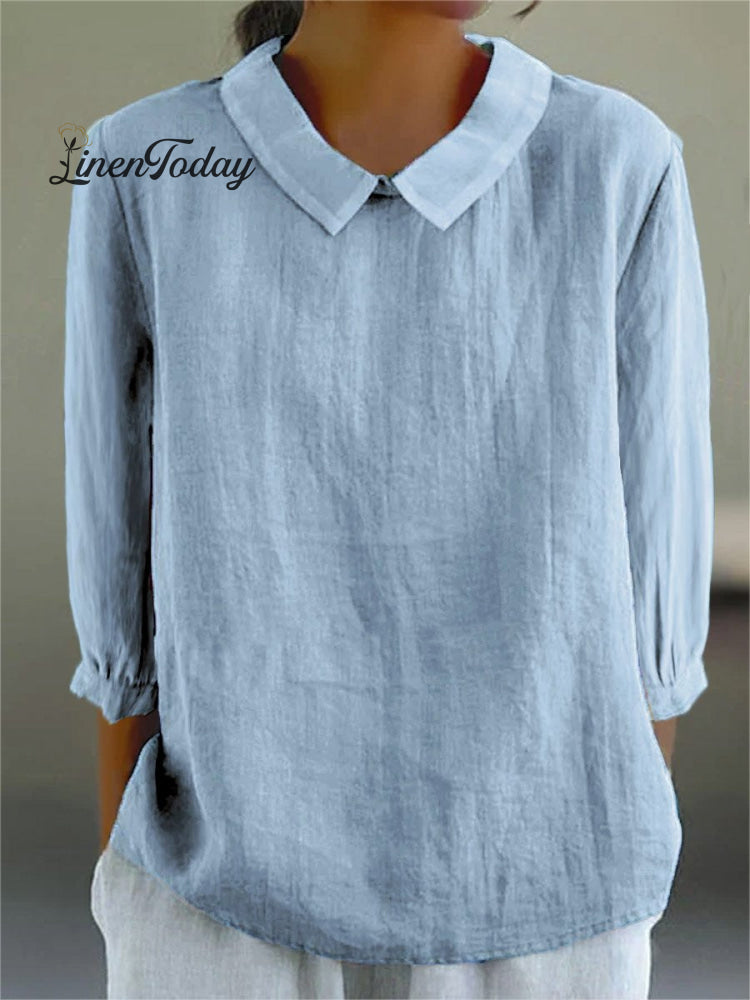 Women's Solid Color Casual Cotton And Linen 3/4 Sleeve Shirt