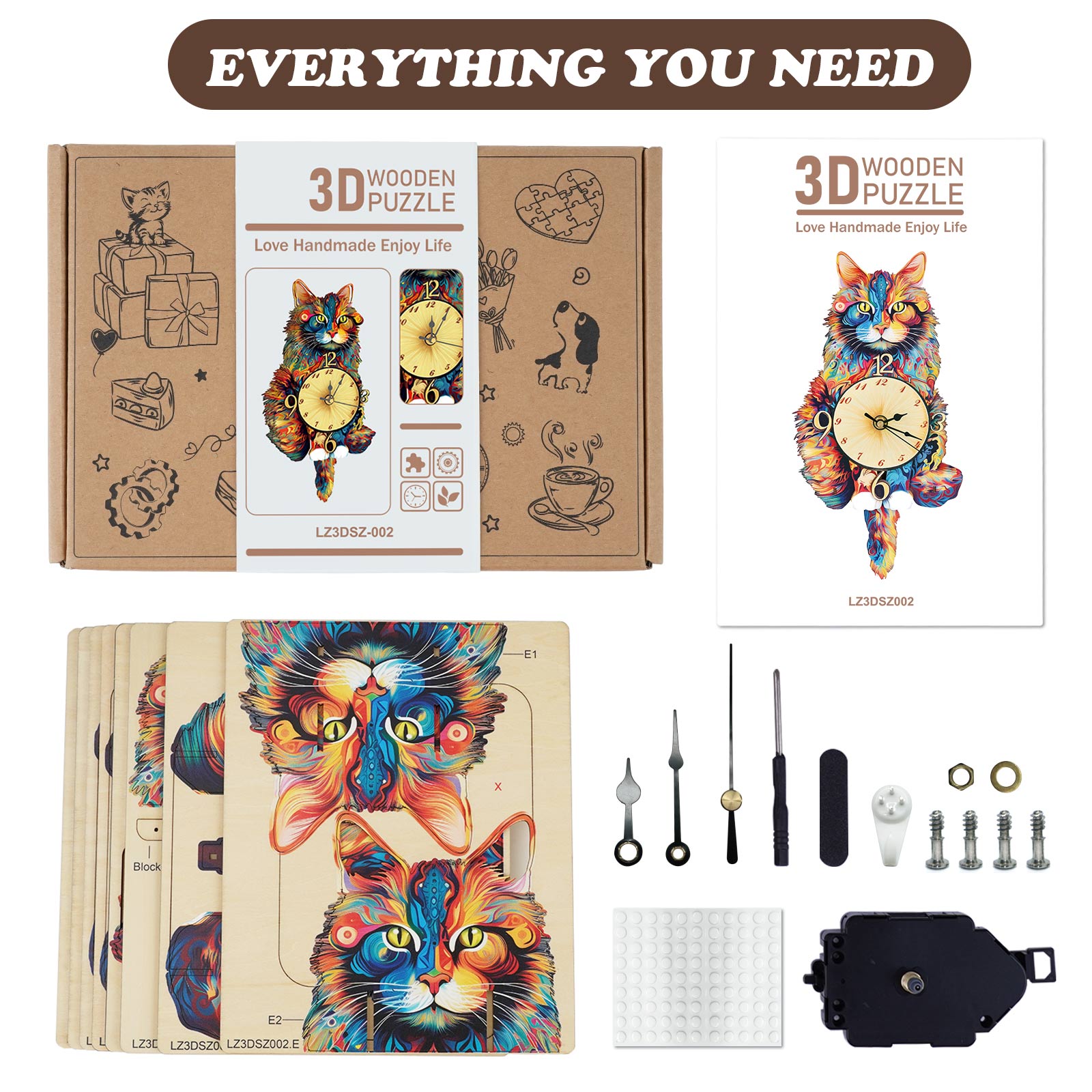 Maine Coon â€“ DIY Wooden Clock, 3D Puzzle Craft Kit