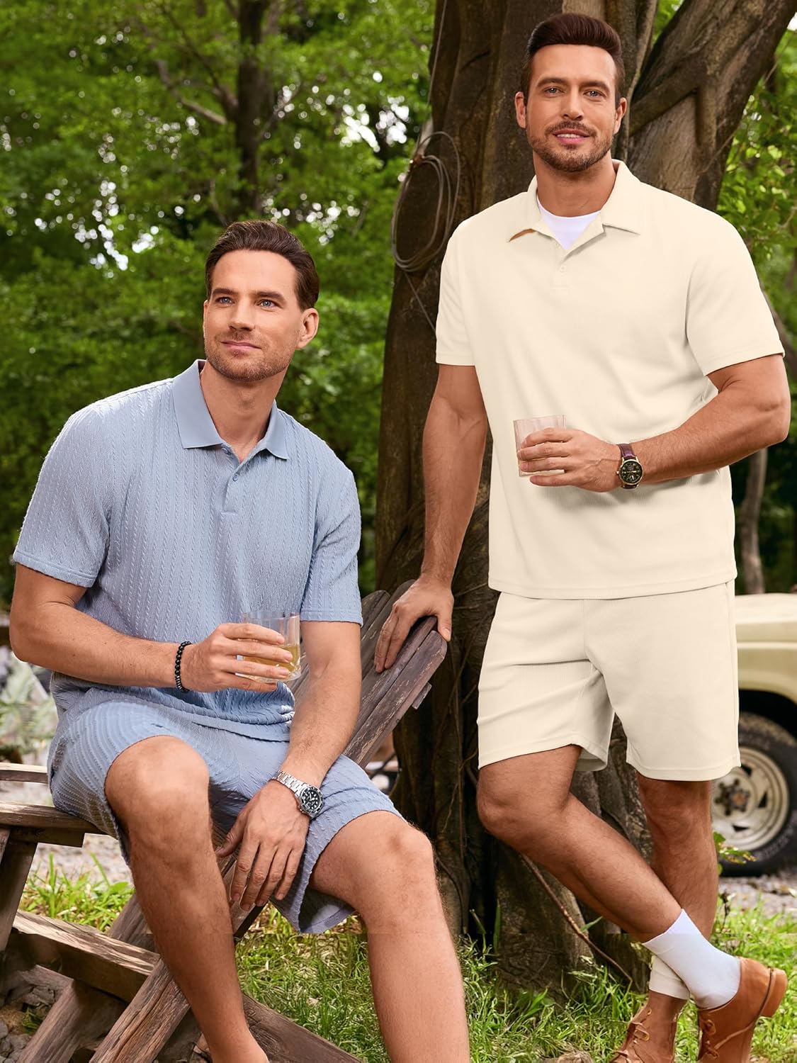 Men's 2 Pieces Outfits Casual Knit Ribbed Textured Button Down Short Sleeve Polo Shirt and Shorts Set