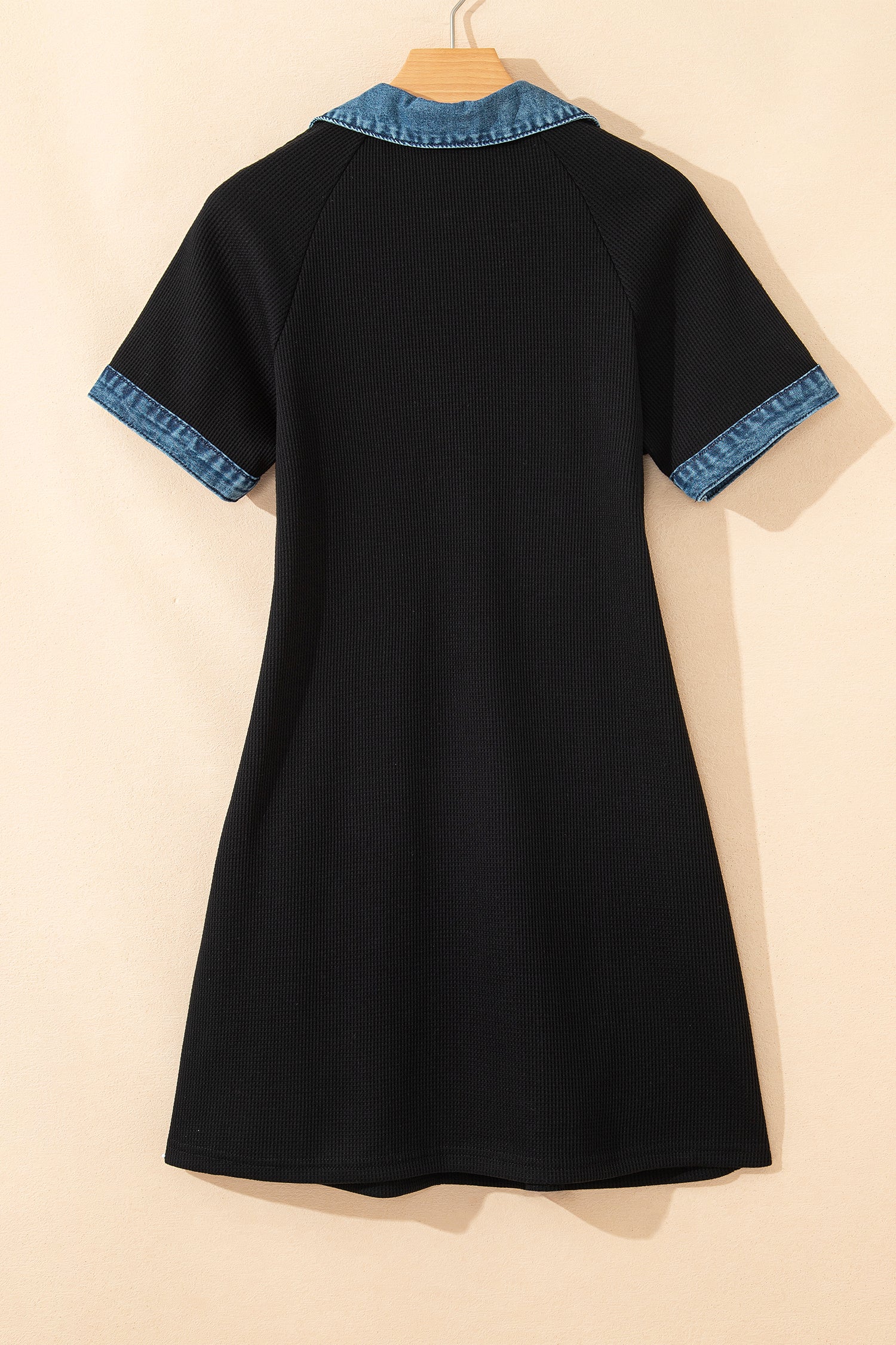 Black Waffle Knit Denim Contrast Trim Patchwork Button Polo Tee Dress