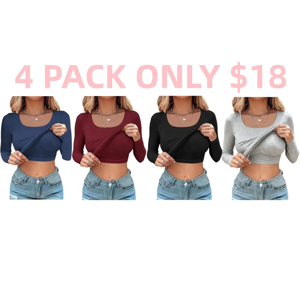 U-Neck Built-in Bra Long Sleeve Ribbed Top Shirts Elegant Skinny Fit Fabric