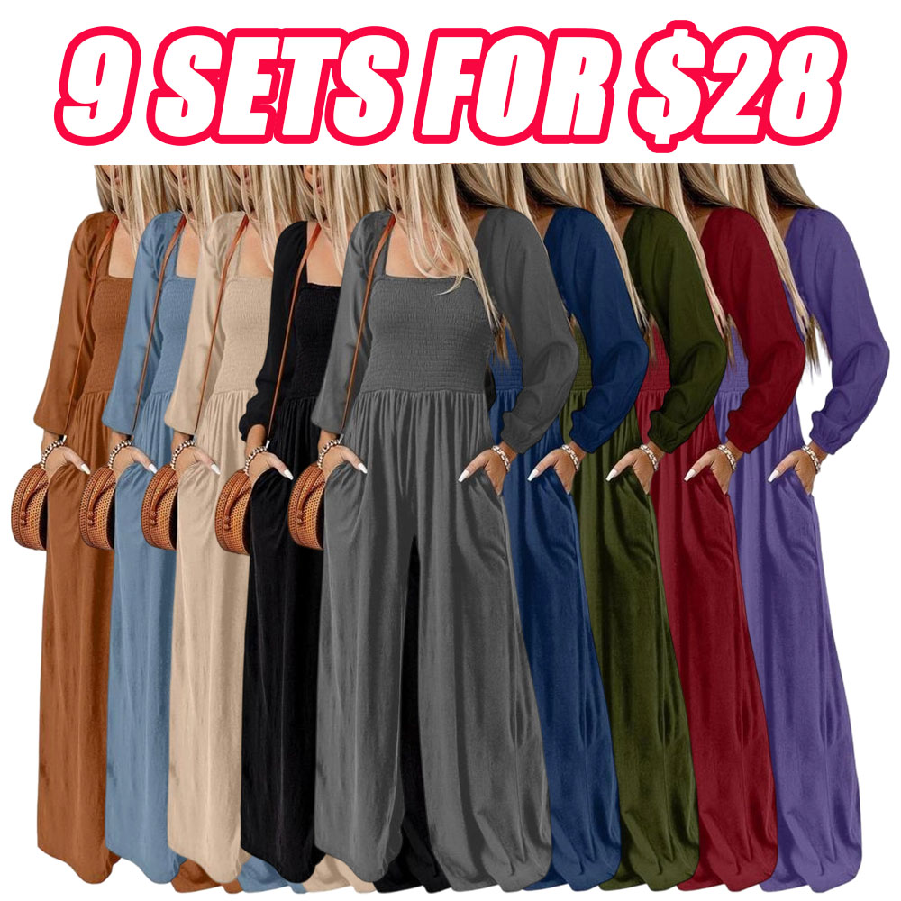 Women's Casual Loose Overalls Jumpsuits One Piece Long Sleeve Wide Leg Long Pant Rompers With Pockets