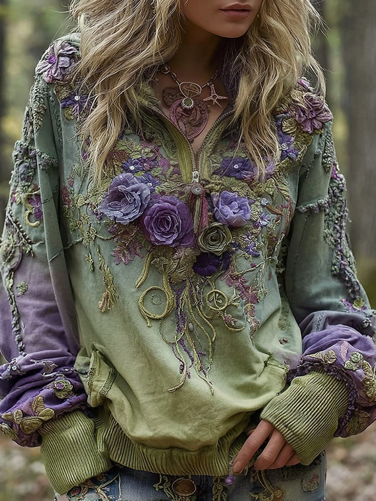 Women's Vintage Floral Embroidery Pattern Warm Zip-up Sweatshirt