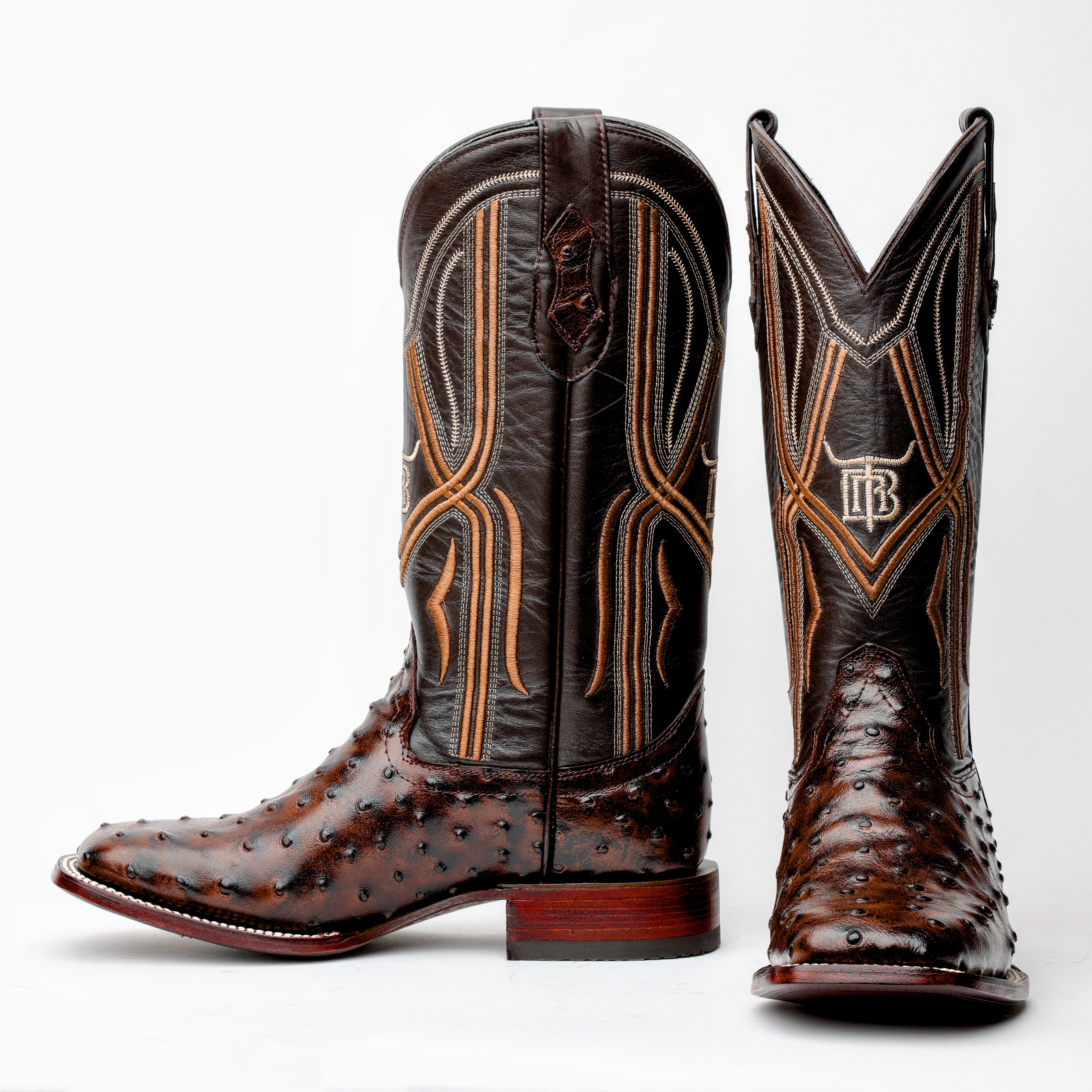 Chocolate Brown Ostrich Leather Boots - Square Toe