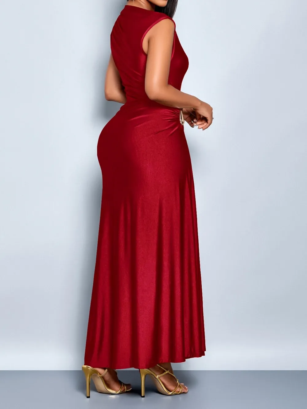 Aliling Elegant Chic Sleeveless Midi Dress for Women High Waist Folds Boat Neck Bodycon Fitted