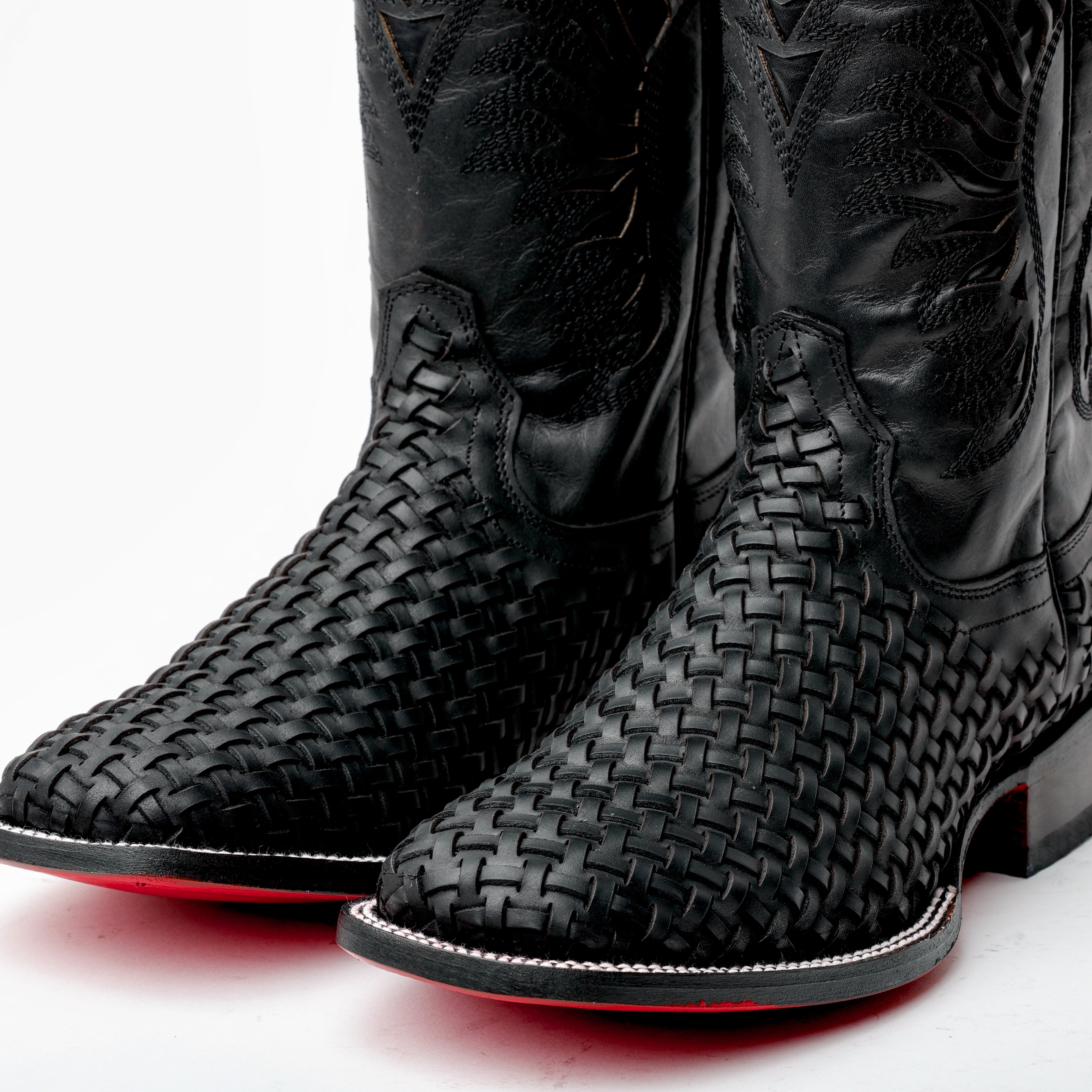 Black Basketweave Leather Boots - Square Toe
