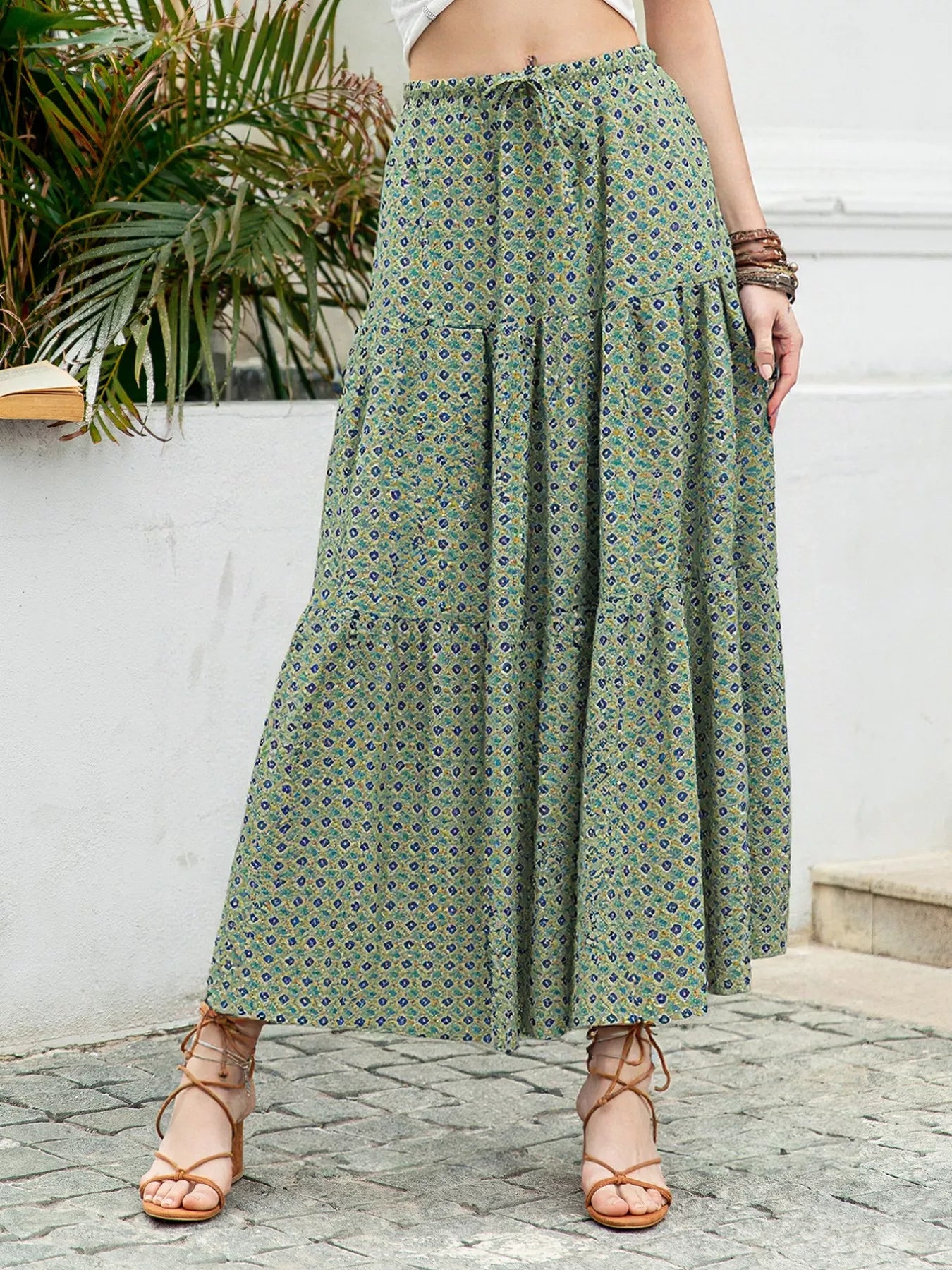 Boho Print Tiered Maxi Skirt