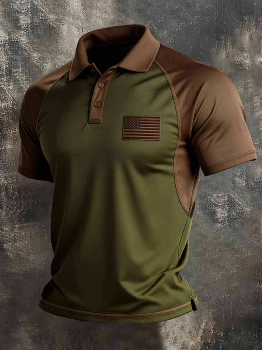 Men's Retro Patriot Color Block Polo Collar Short Sleeve