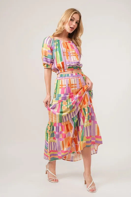 Asymmetric Geo Printed Tiered Maxi Skirt