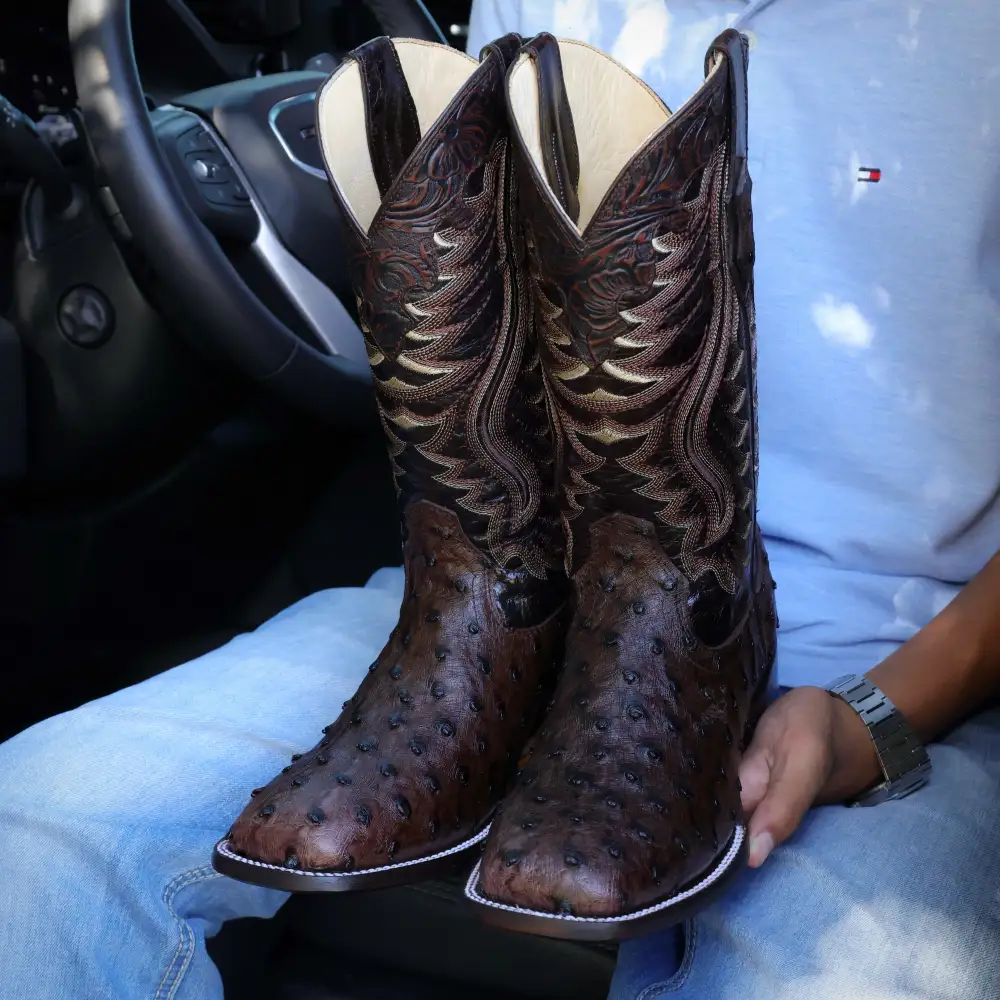Men’s Chocolate Ostrich Leather Boots — Square Toe