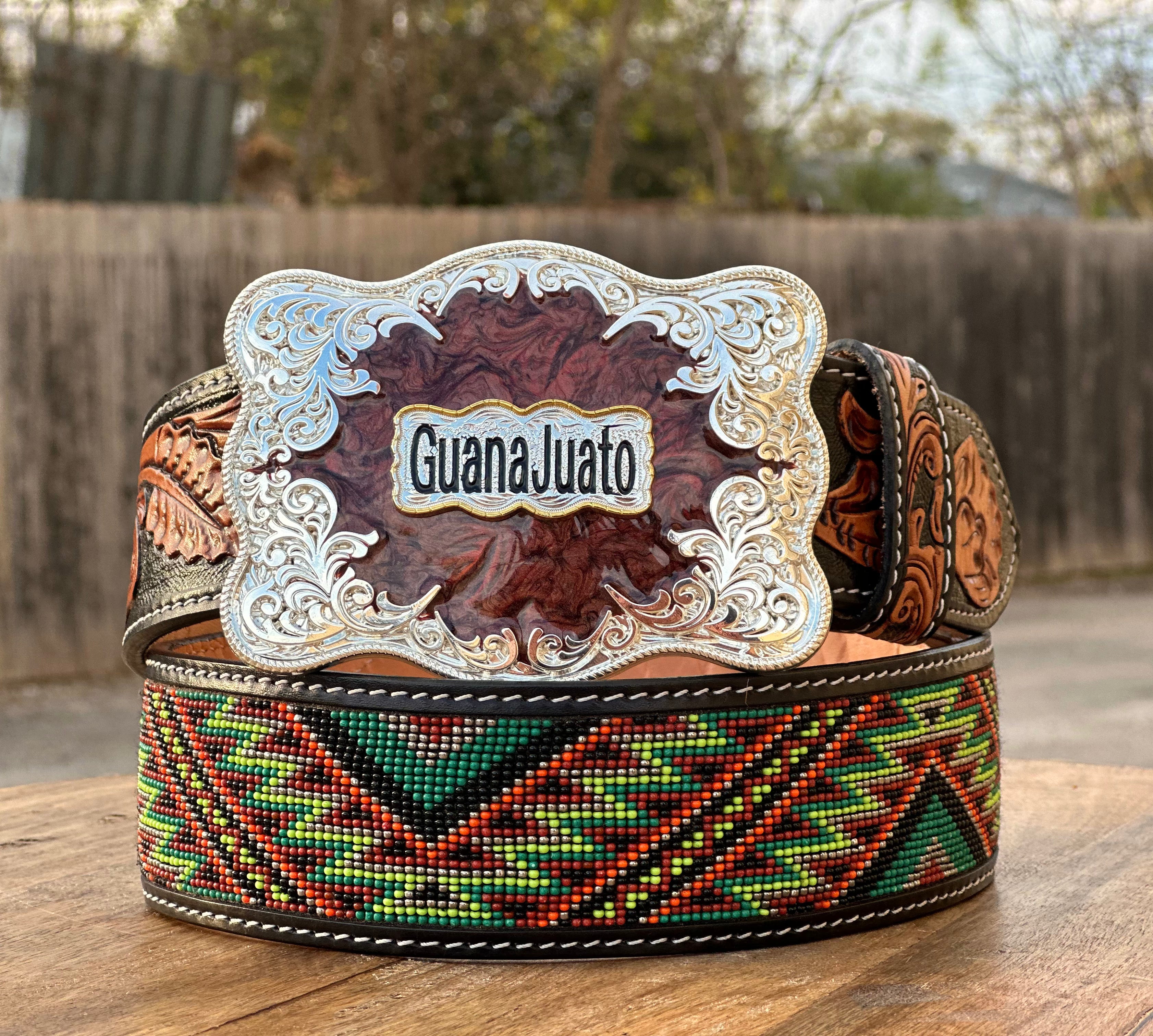 Hand-Tooled Artesanal Tabs With Mint Green and Dark Green Beaded Leather Belt ( Read Description Before Ordering)