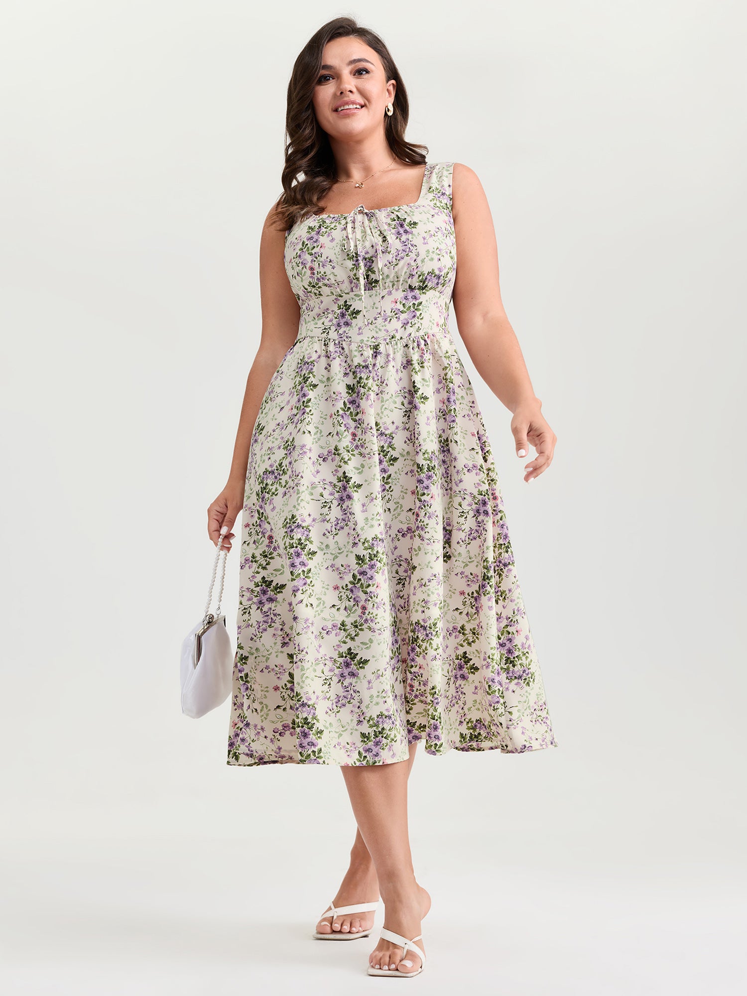 Floral Print Adjustable Bust-Tie Pockets Midi Dress