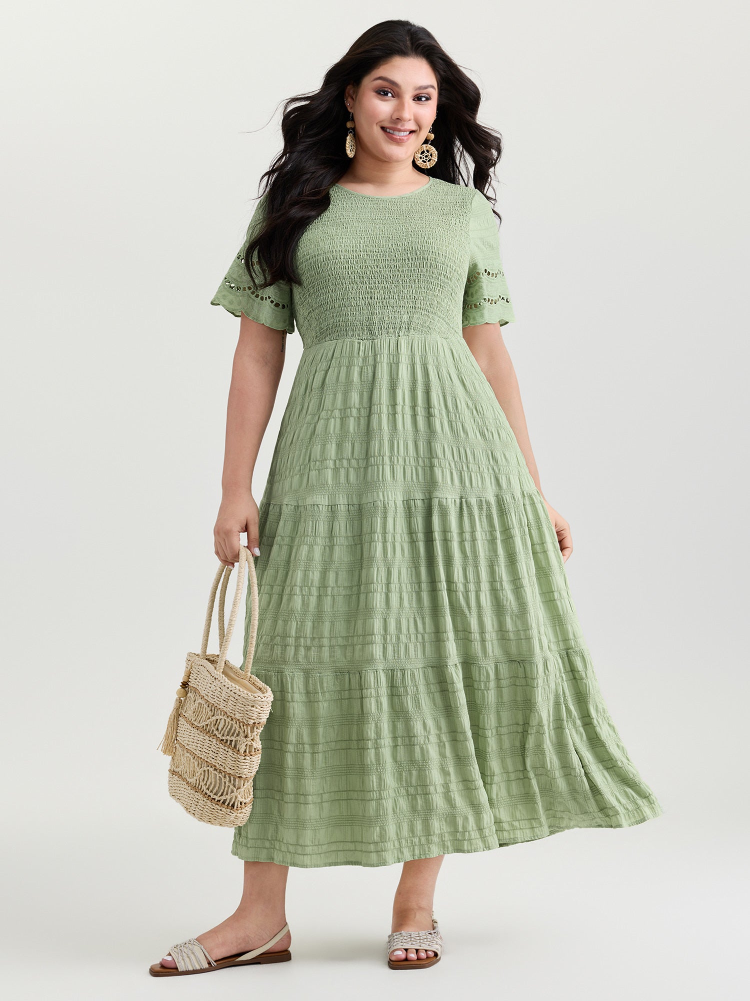 Shirred Lace Flounce Sleeve Tiered Maxi Dress