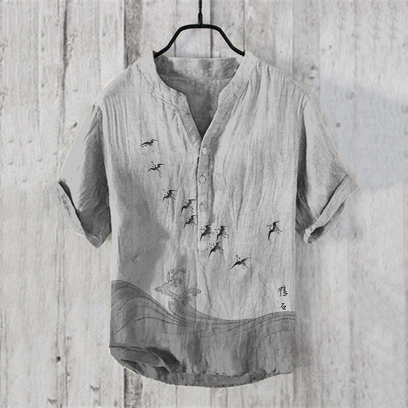 Men'sVintage Japanese Birds Waves Art Prints Linen Blend Shirt