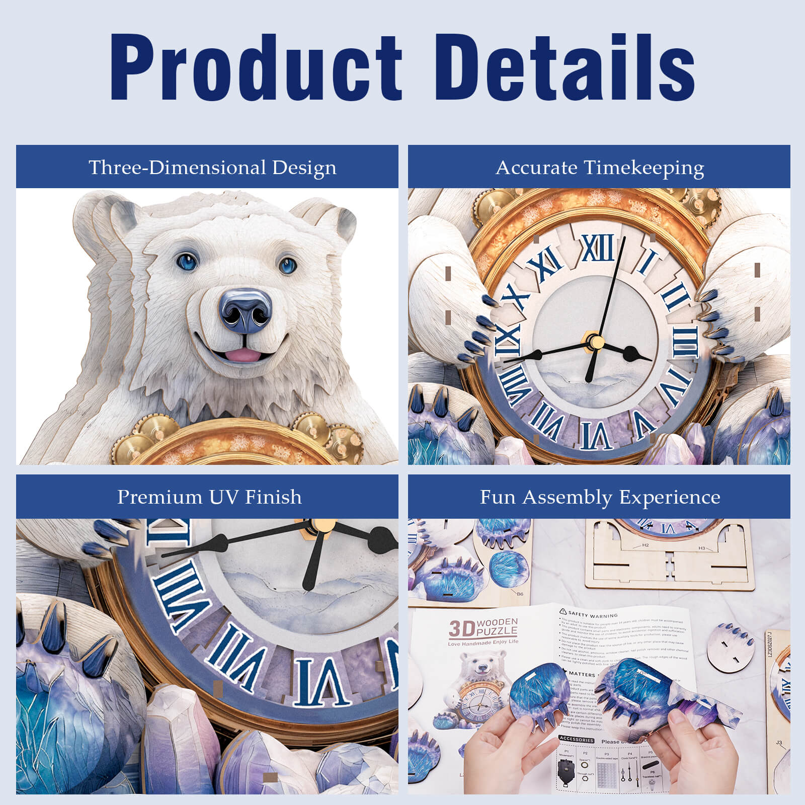 Polar bearsâ€“ DIY Wooden Clock, 3D Puzzle Craft Kit
