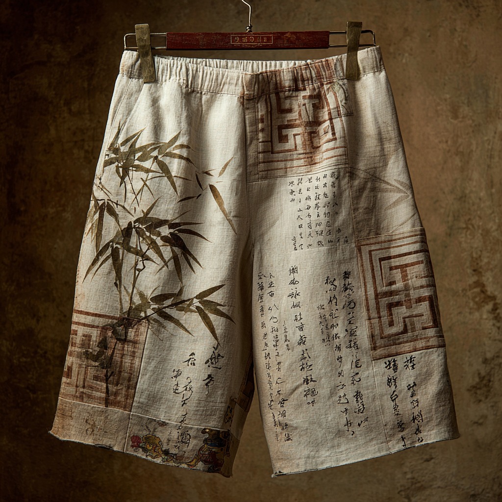 Men's Japanese Calligraphy And Bamboo Leaf Art Pattern Casual Shorts