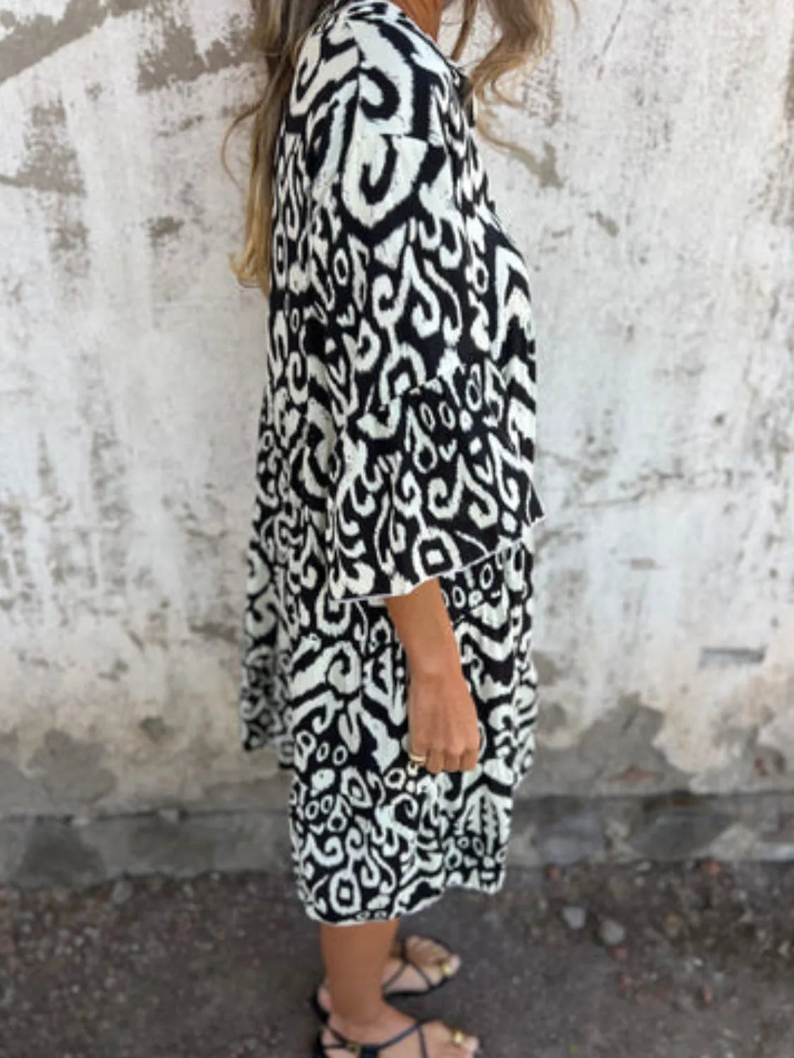 Plus Size Ethnic Print Notched Half Sleeve Midi Dress