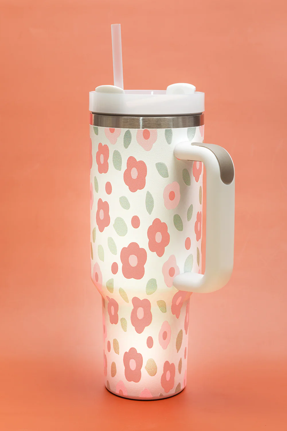 White Floral Leaves Print Stainless Large Portable Cup 40oz