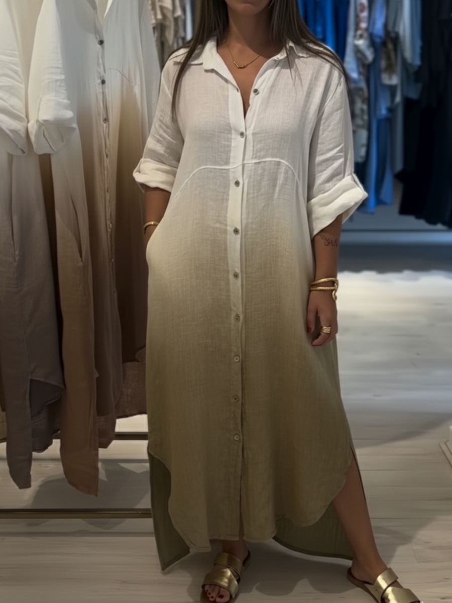 Casual Gradient Color Linen And Cotton Shirt Dress
