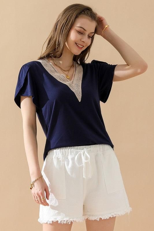 Gold Lace V Neck Ruffle Short Sleeve Top