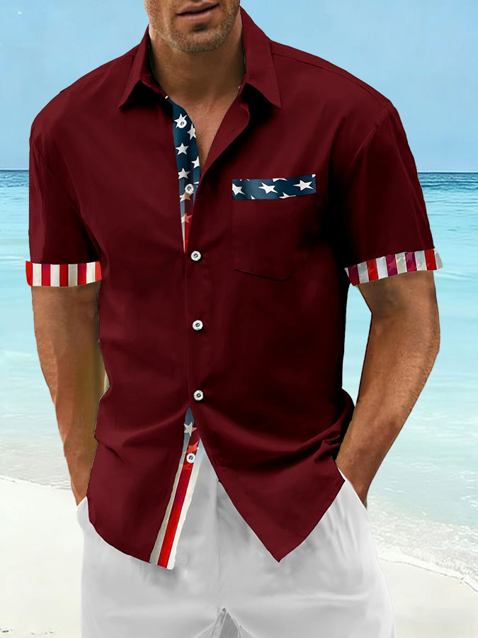 Men's Hawaii Vacation US Independence Day Celebration Printed Short Sleeve Shirt (Pocket included)