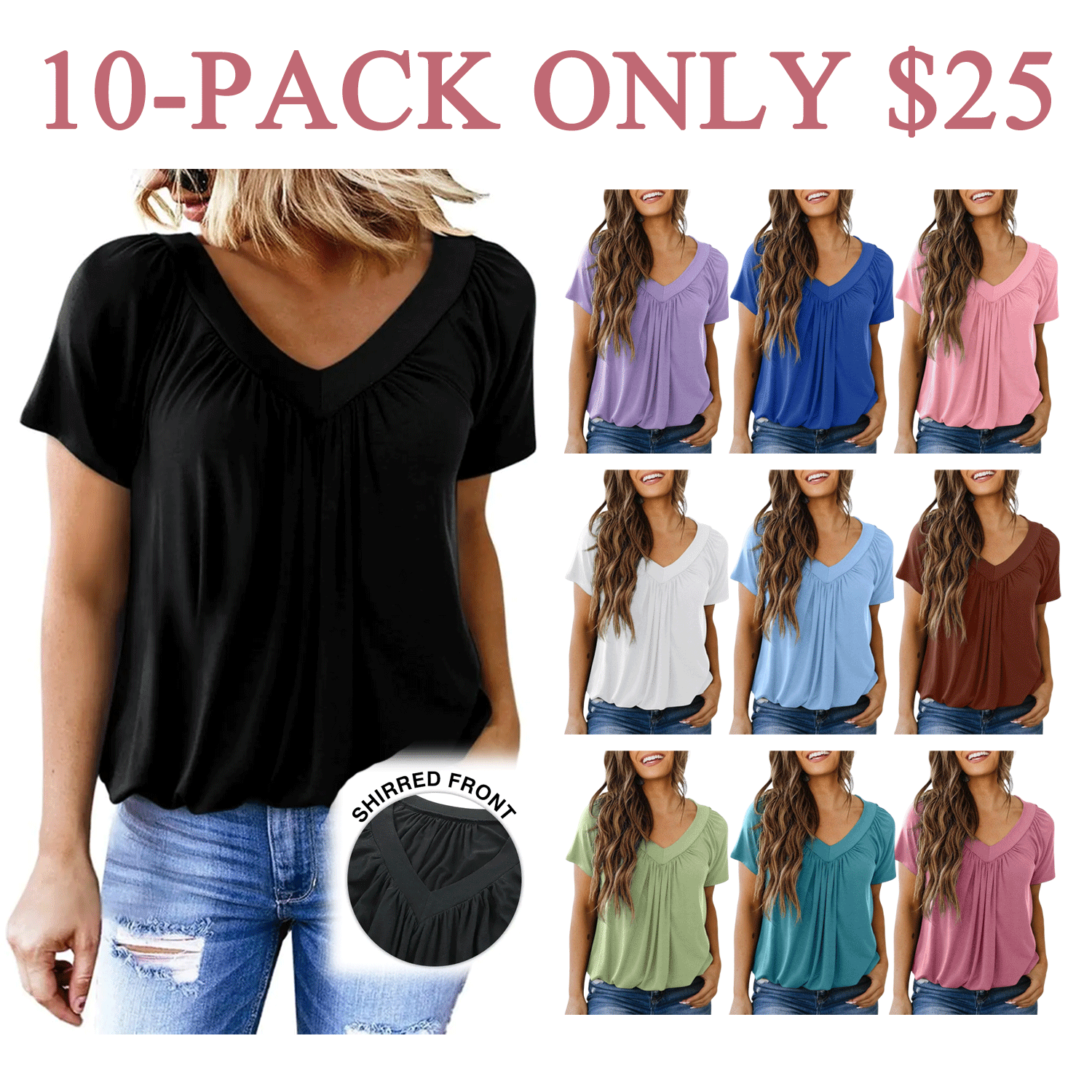 Women’s Casual Summer V-Neck Shirred T-Shirt – Loose Fit & Breathable Tee
