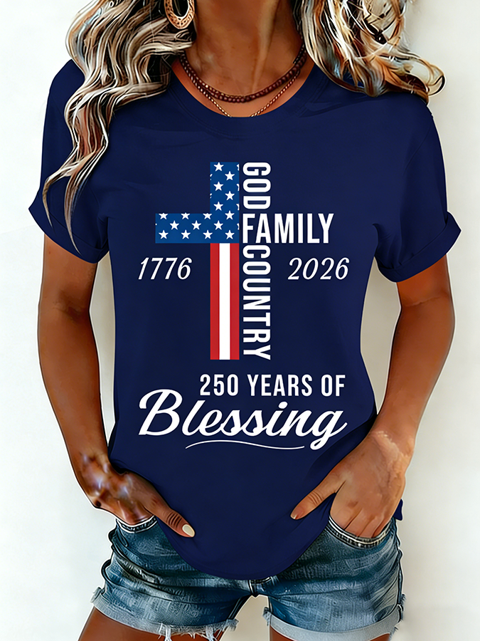 Women's God Family Country 250 Years Of Blessing Cross T-Shirt