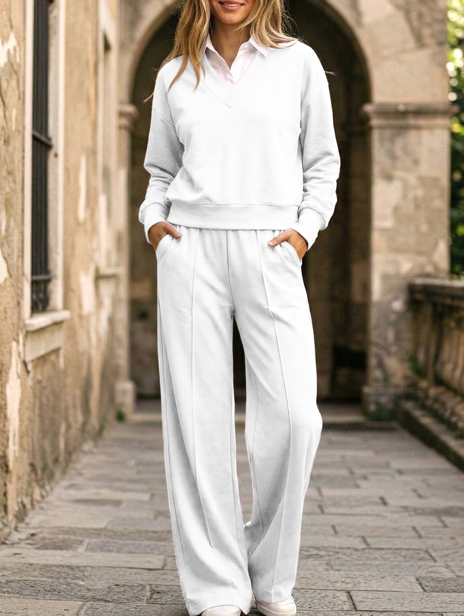 Casual collar loose top and wide-leg pants set_CWSS01448