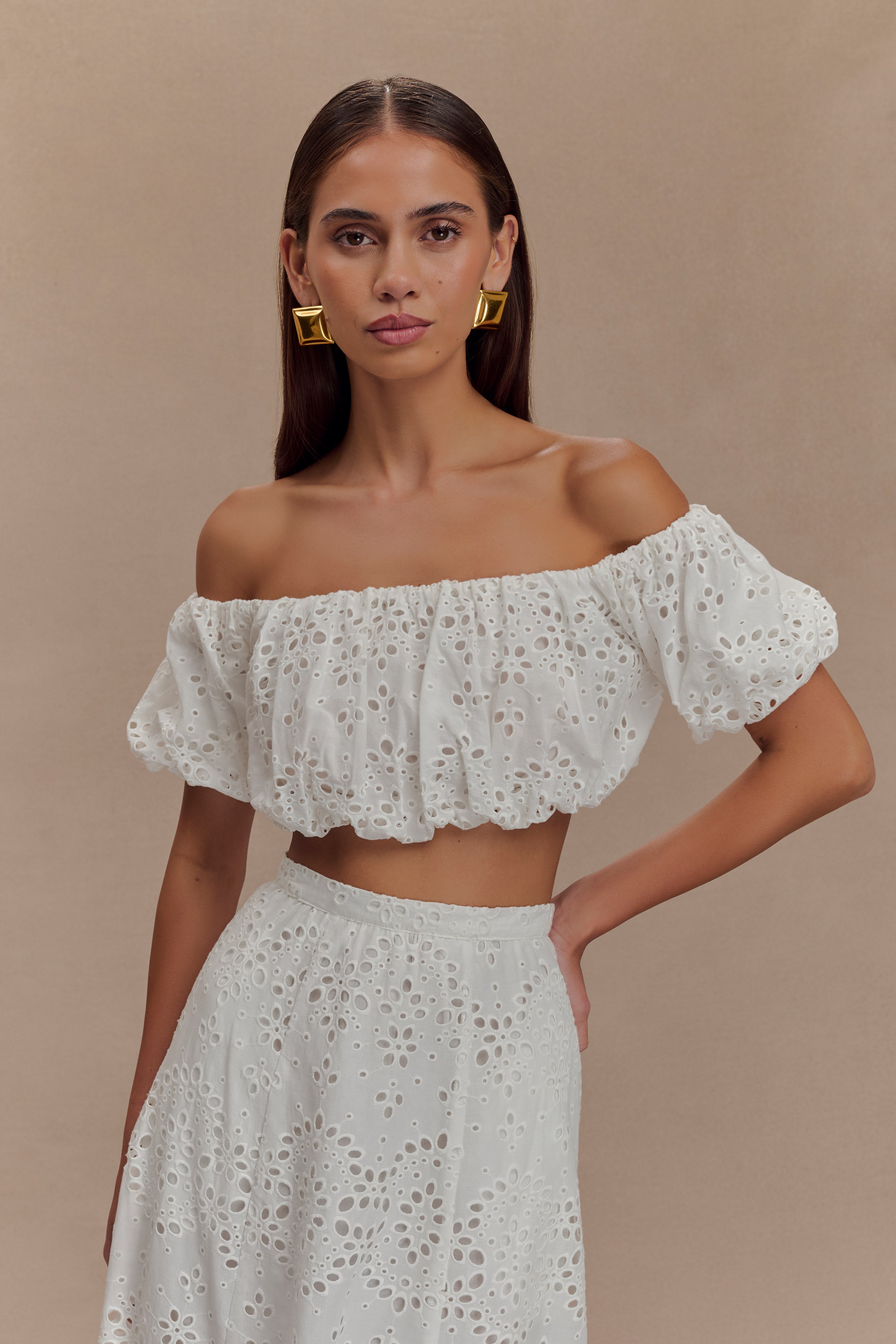 White Off Shoulder Broderie Top