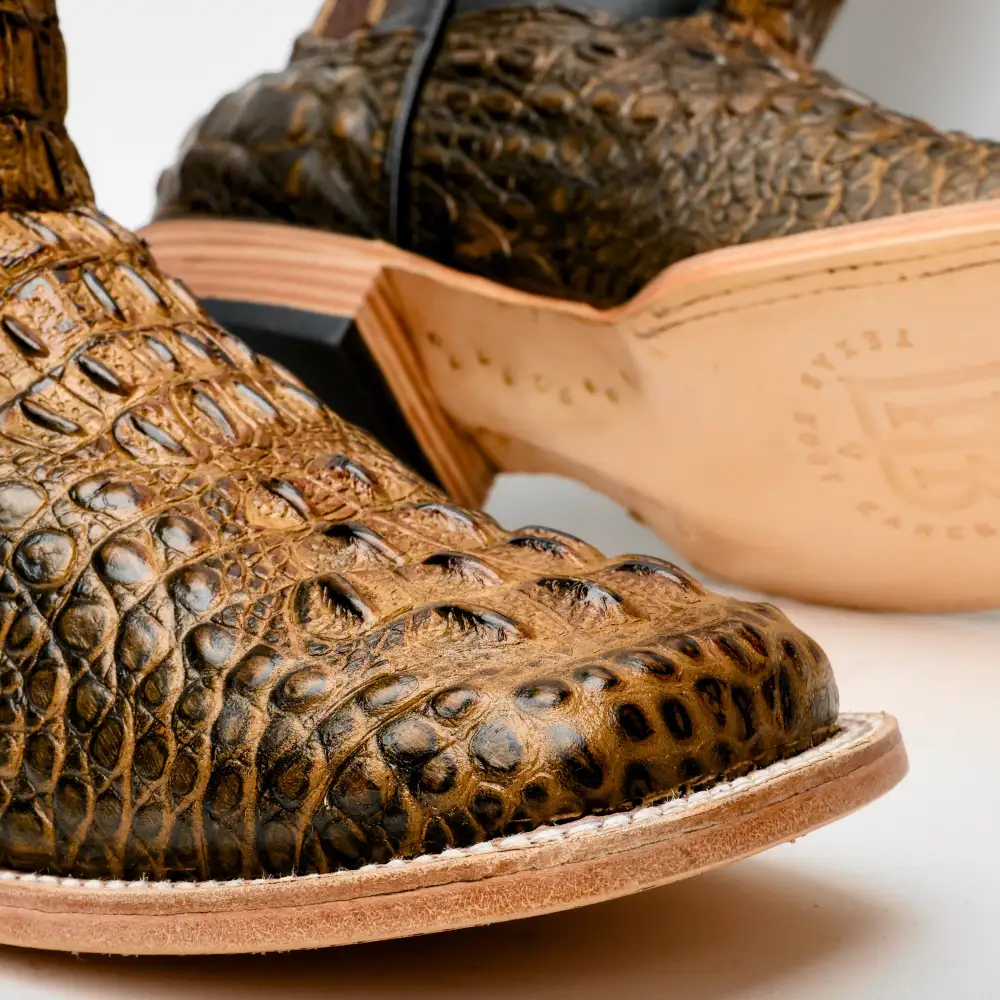 Honey Caiman Neck Leather Boots - Square Toe