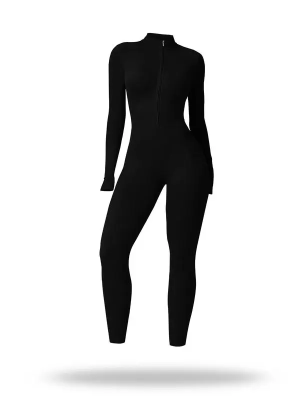 Sporty Women's Solid Color Half Zip Mock Neck Sports Jumpsuit