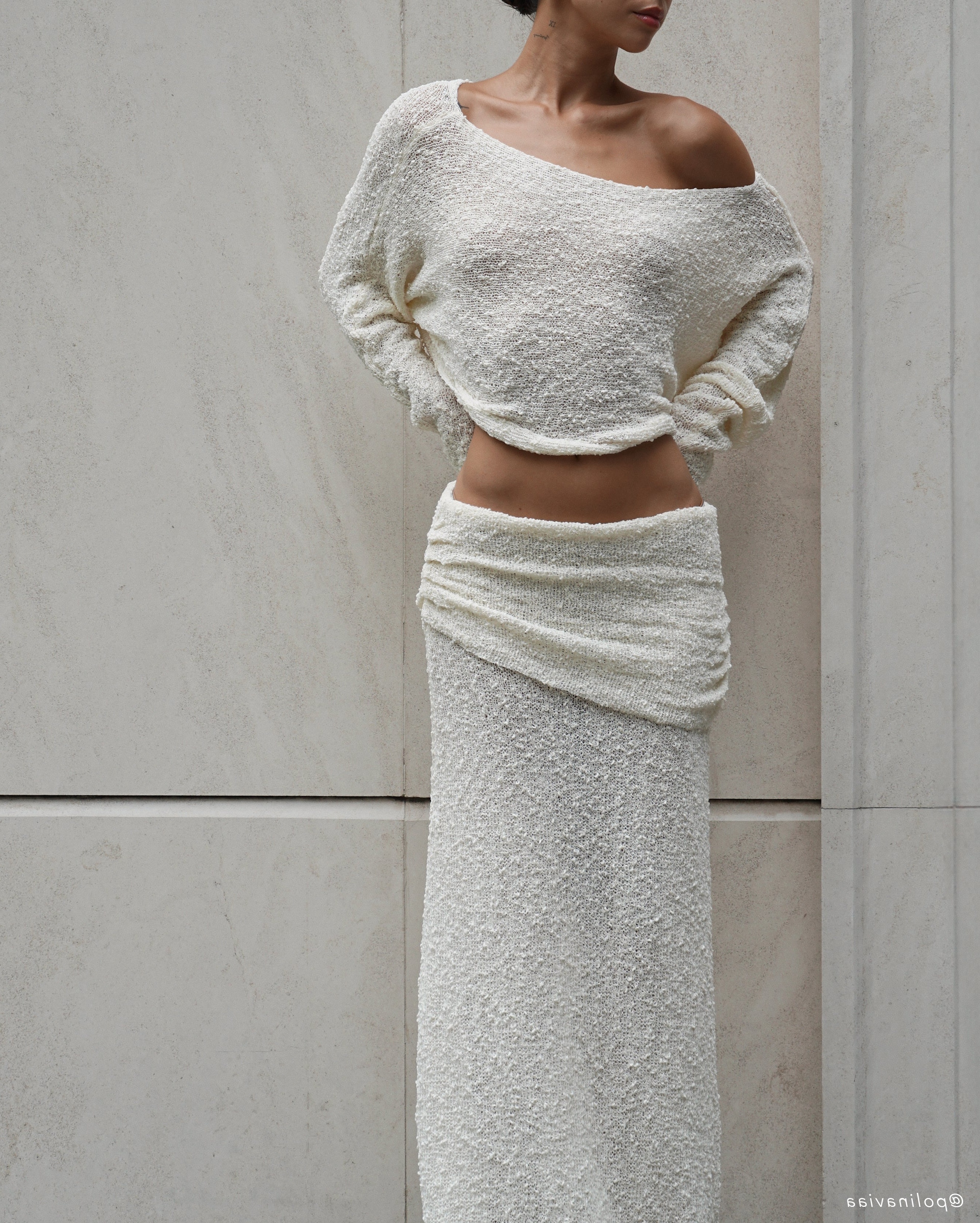 Ivory Ruched Knit Maxi Skirt
