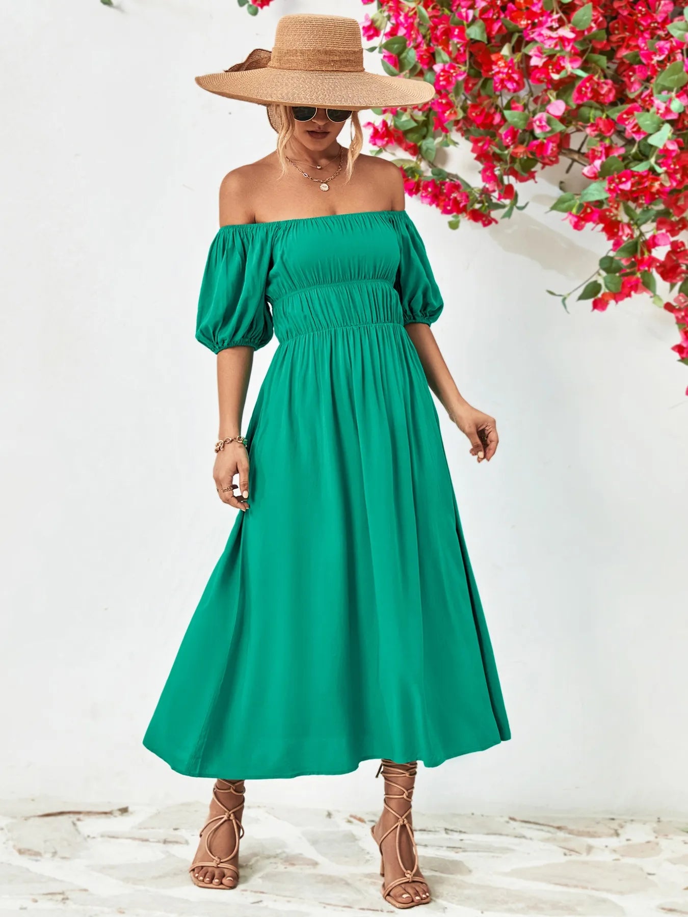 Off-Shoulder Puff Sleeve Smocked Maxi Dress