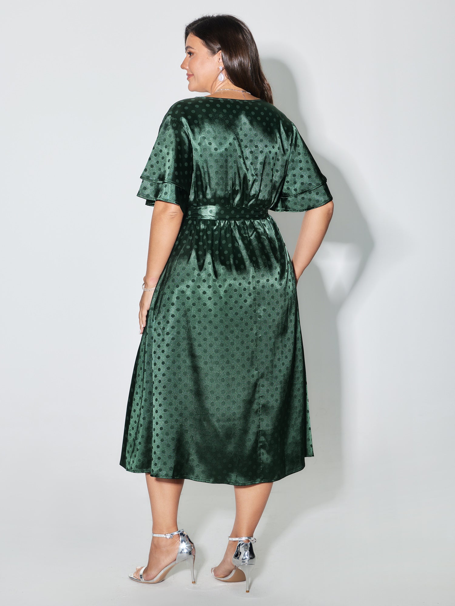 Polka Dots Jacquard Layered Ruffled Sleeve Midi Dress