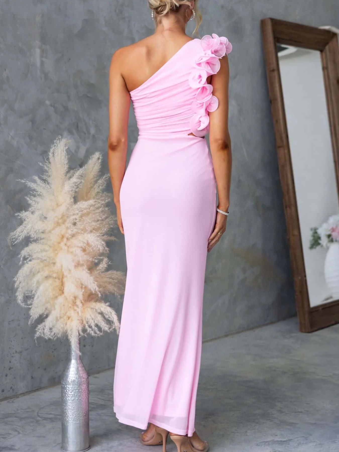 One-Shoulder Floral Trim Sleeveless Maxi Dress