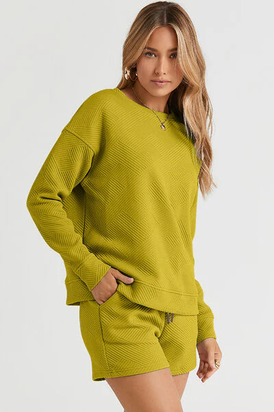 Full Size Texture Long Sleeve Top and Drawstring Shorts Set