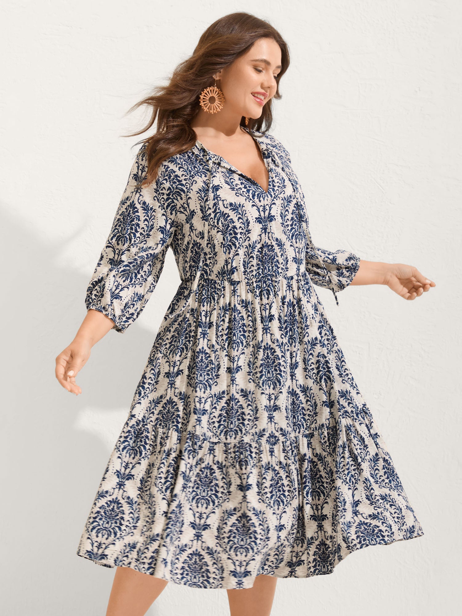 Damask Print Tie Knot Puff Sleeve Dress