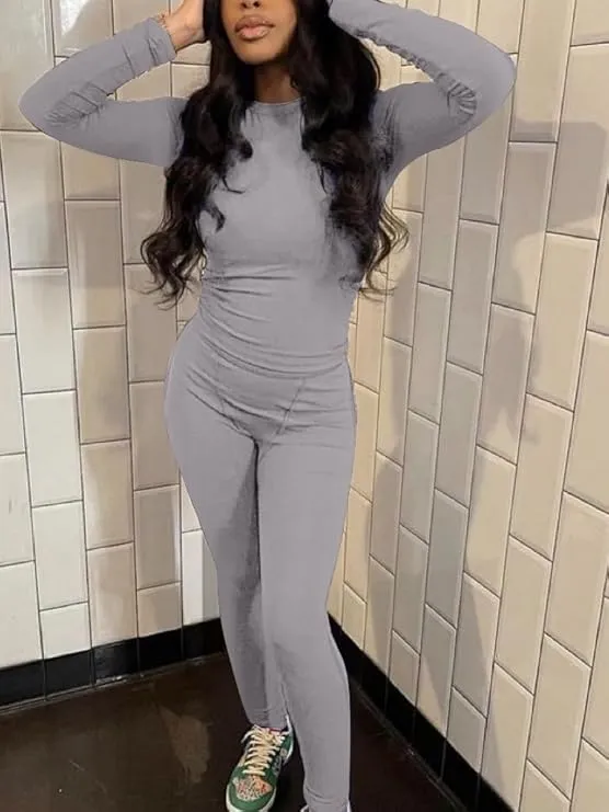 Women's Minimalist Chic Solid Long Sleeve Tee & Elastic Waist Pants Set