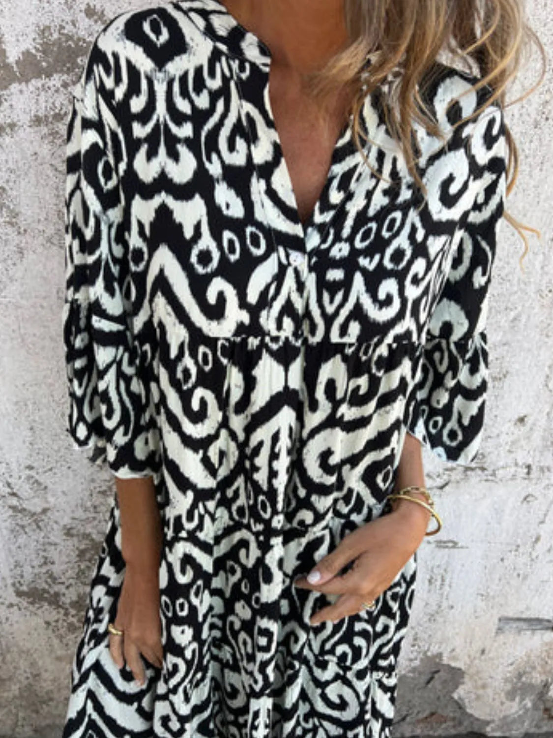 Plus Size Ethnic Print Notched Half Sleeve Midi Dress