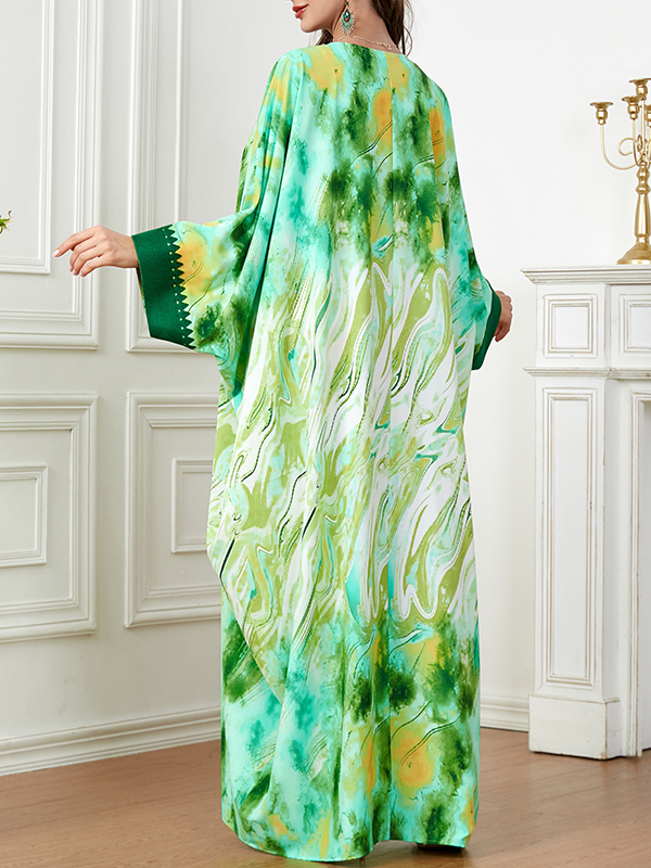 Contrast Color Muslim Printed Split-Joint Batwing Sleeves Loose V-Neck Muslim Abaya Maxi Dresses