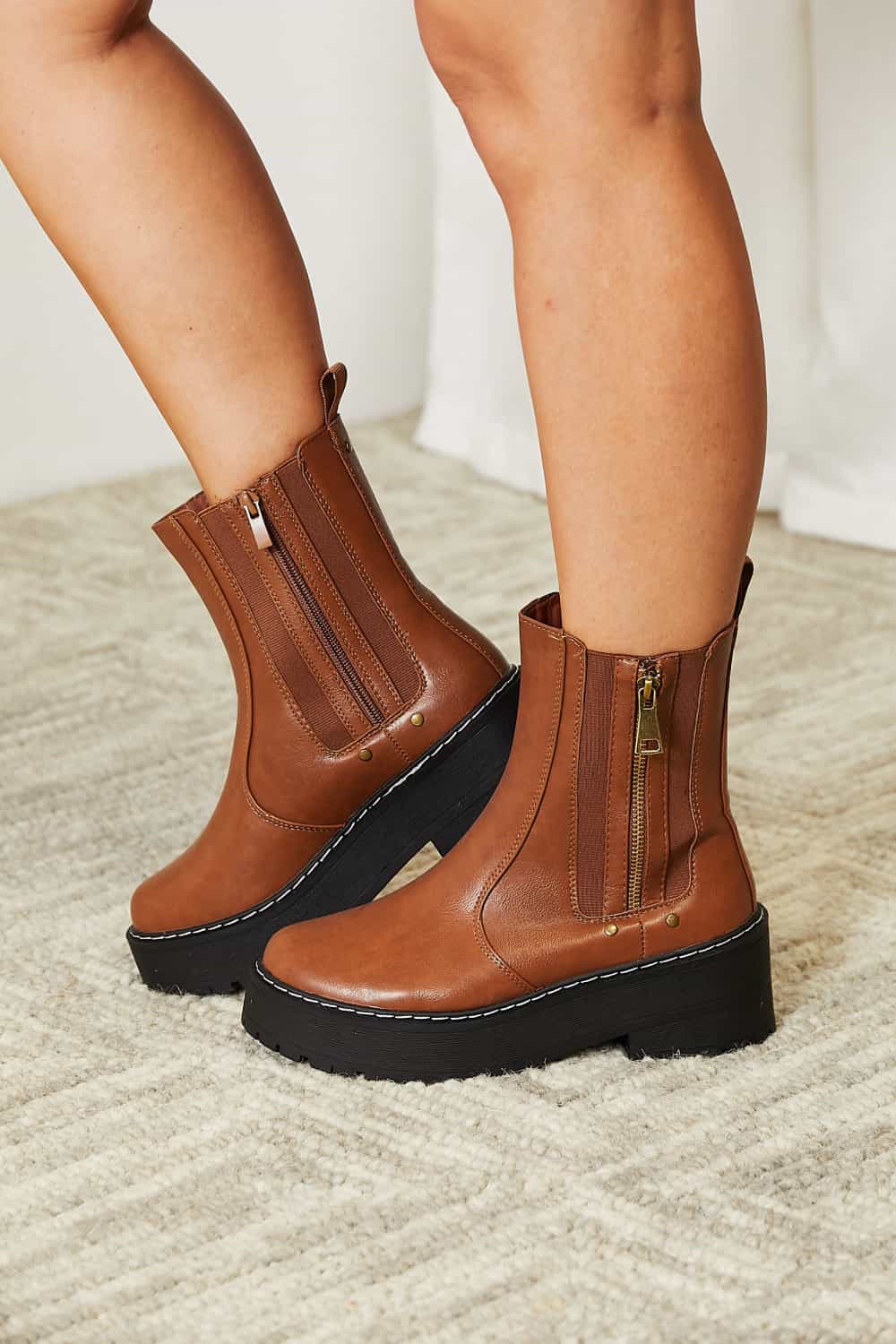 Stepping Up Side Zip Platform Boots in Chestnut Vegan Leather