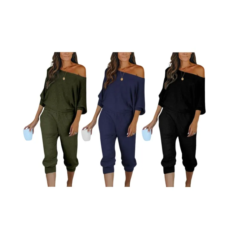 Women's 2-Piece Set Ribbed Knit Off Shoulder Tops Lounge Pants Tracksuit