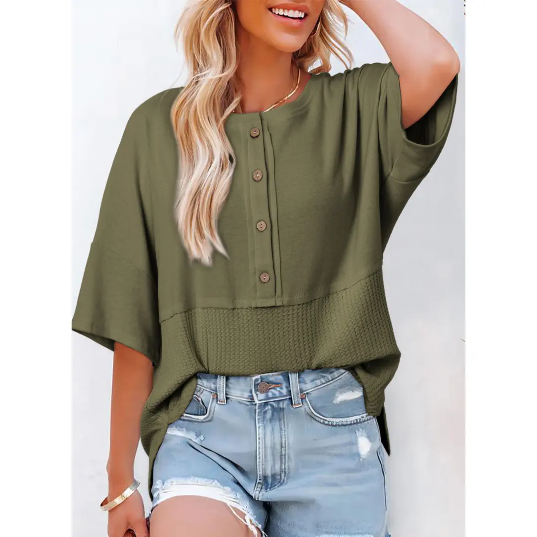 Women’s Waffle Knit Oversized Casual Blouse – 3/4 Sleeve