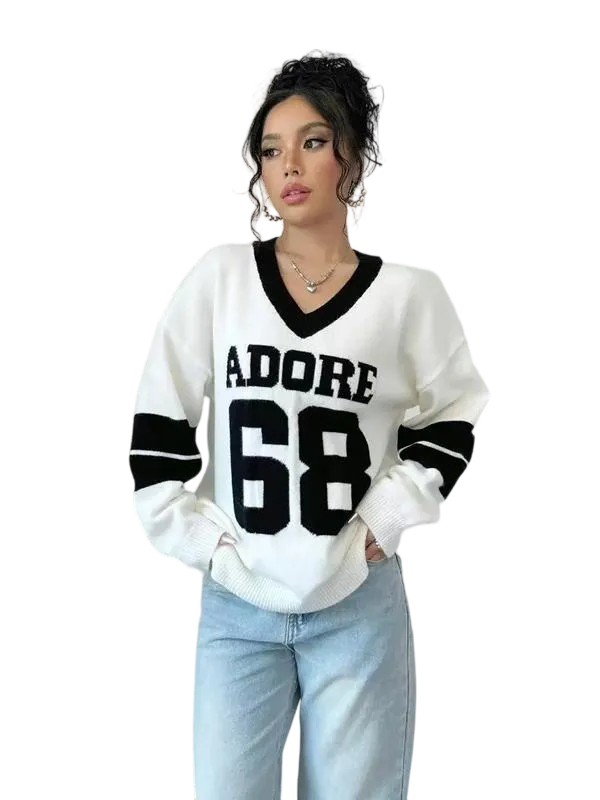 Autumn Winter Color Block V Neck Sweater for Women