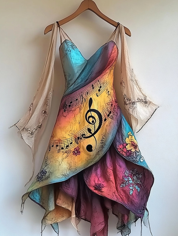 Retro Elegant Music Theme Irregular Stitching Dress 0623