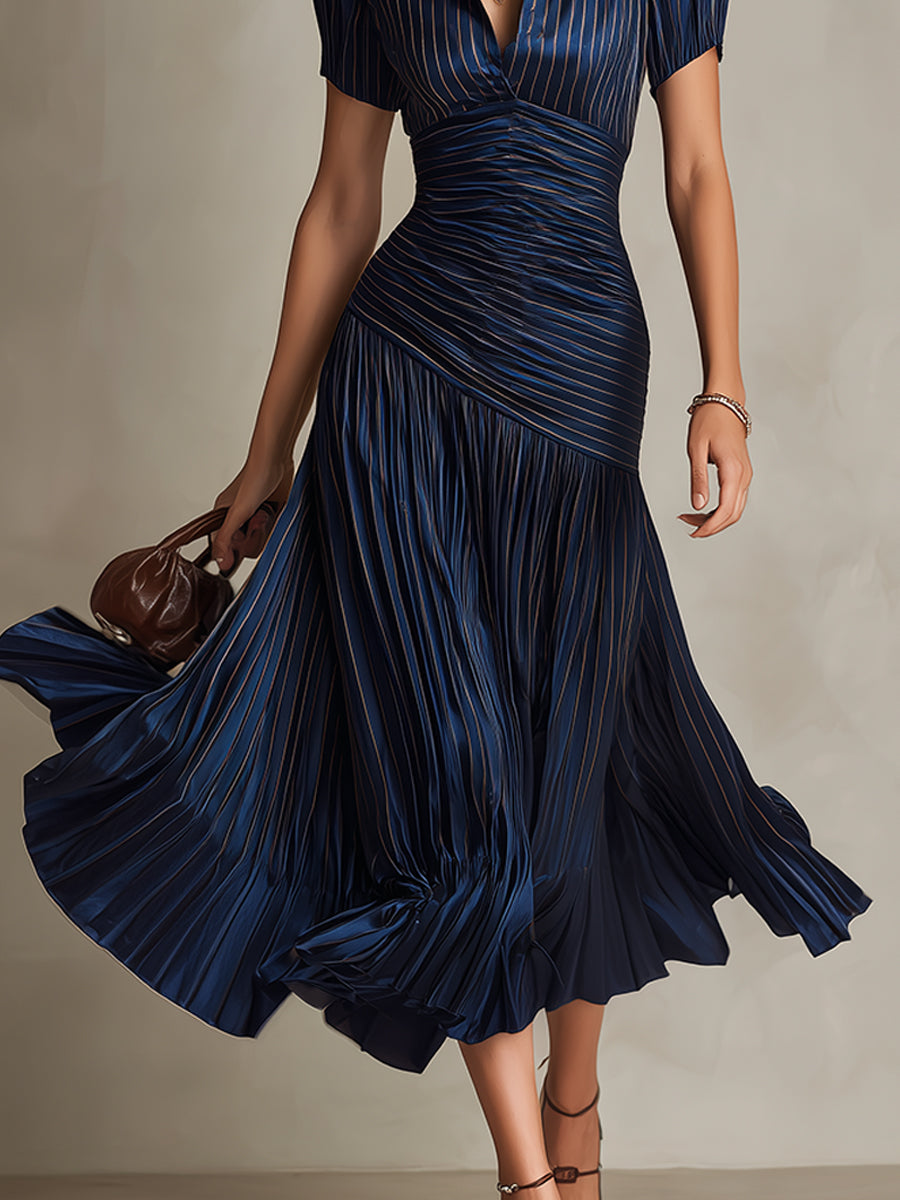 Navy Blue Striped Shirt Collar Satin Pleated Midi Dress